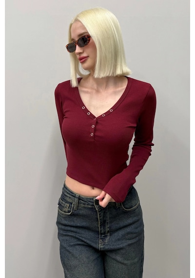 Madmext Bordo V Yaka Uzun Kollu Düğme Detaylı Kaşkorse Bodysuit Mg2194 Bordo