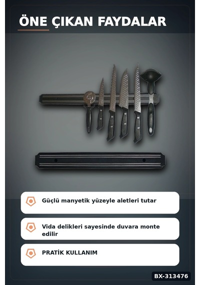 55 Cm Manyetik Bıçak Tutucu - Duvara Monte Çelik Şerit, Mutfak Bıçak Askısı Bx-313476 Diğer