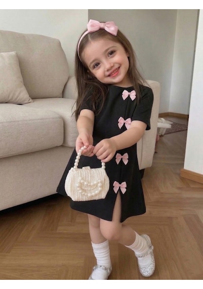 Uyguntarz Kız Çocuk Siyah Mini Elbise Pembe Fiyonk Detaylı Modern Tasarım Siyah - Pembe