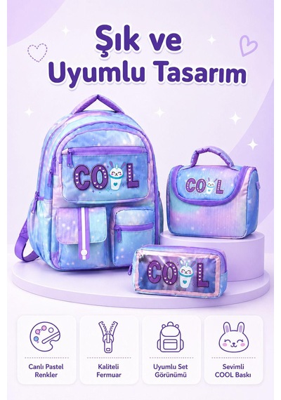 Yeni Sezon Co L Model 3 Lü İlkokul Çanta Seti Sırt Çantası + Beslenme Çantası + Kalemlik Mor