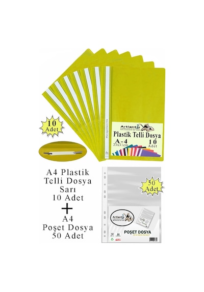 Telli Dosya Plastik A4 10 Lu Ve Poşet Dosya 50 Li 1 Paket Ekonomik Kaliteli Şeffaf Kapak Telli Dosya Okul Büro Ofis Sarı