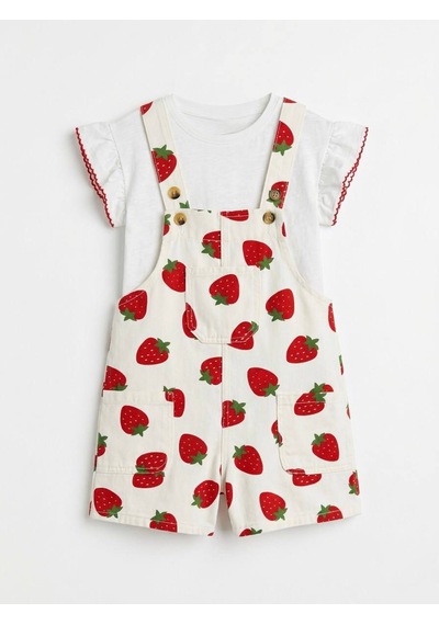 Baby Lory Kids Store Çilekli Kız Çocuk Salopet Kırmızı - Beyaz