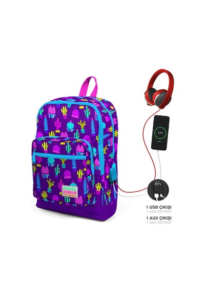 Coral High Baskılı Okul Çantası Ve Beslenme Çantası Seti - Kız Çocuk Mor Kaktüs - Usb Soketli Çok Renkli