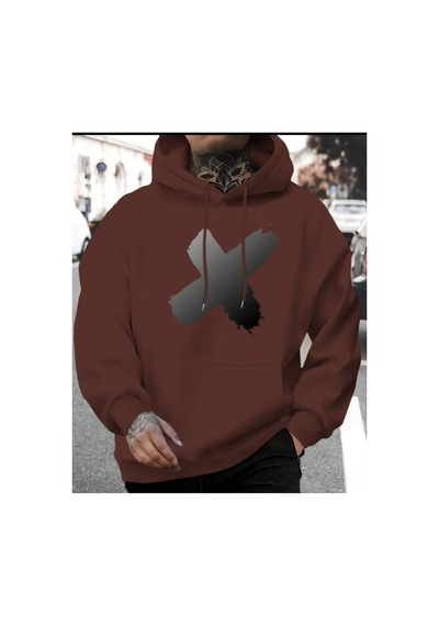 Herkesemoda X Baskı Detaylı Kapüşonlu Sweatshırt Kahverengi