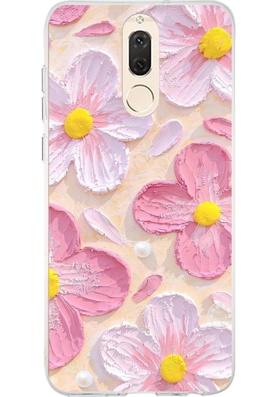 Huawei Mate 10 Lite Uyumlu Pembe Beyaz Çiçekler Sulu Boya Baskılı Silikon Kılıf Renkli