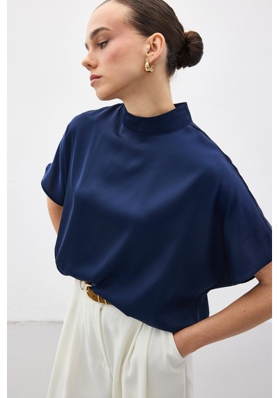 Sateen Yarasa Kol Salaş Bluz - Lacivert-136988 Lacivert Sateen Yarasa Kol Salaş Bluz - Lacivert-136988 Lacivert