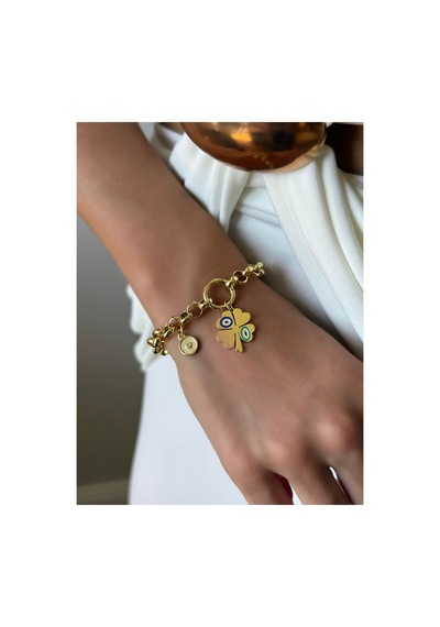 Cm Jewelry Nazar Boncuklu Dört Yaprak Yonca Gold Renk Charm Bileklik Kadın Altın Altın