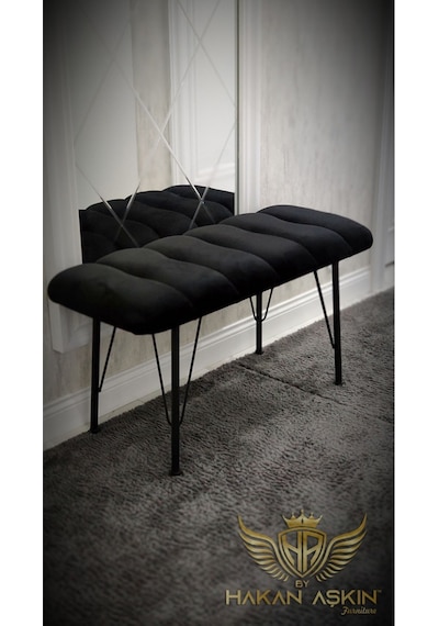 By Hakan Aşkın Metal Ayaklı 38x90 Cm Eco Black Babyface Puf & Bench Tekli Baby Face Kumaş Siyah