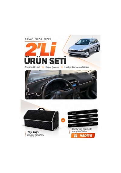 Opel Corsa B 1992-2000 Uyumlu Torpido Örtüsü + Tay Tüyü Bagaj Çantası + Sticker Seti - Siyah Gri