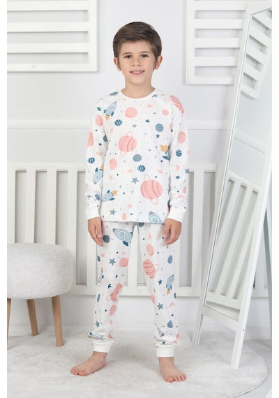 Bunny Hopp Unisex Çocuk Pijama Takımı %100 Pamuk Uzun Kollu Penye 3-8 Yaş Beyaz
