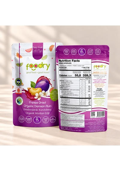 Foodry Dondurularak Kurutulmuş Organik Mürdüm Eriği Freeze Dry Damson Plum Katkısız Çıtır Meyve Atıştırmalığı 6 x 17 G