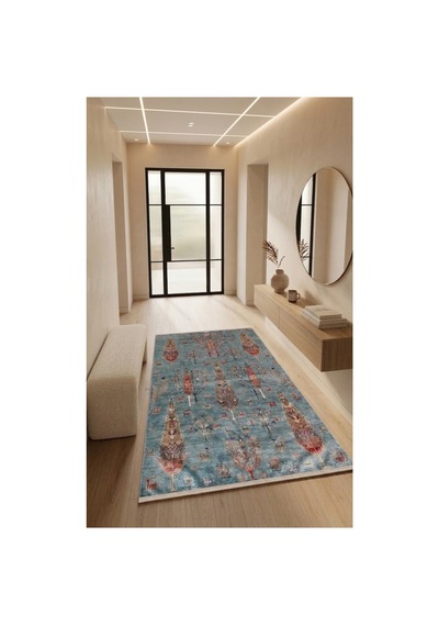 Vintage Desenli Yıkanabilir Kaymaz Taban Şönil Salon Mutfak Koridor Yolluk Halısı 111 Turkuaz Çok Renkli