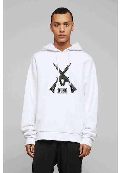 Pubg M416 Baskılı Beyaz Erkek Örme Kapşonlu Sweatshirt