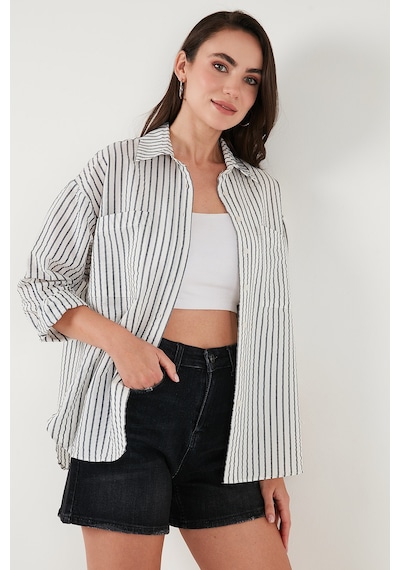Lela Regular Fit Uzun Kollu Çizgili Bayan Gömlek 6772875 Siyah