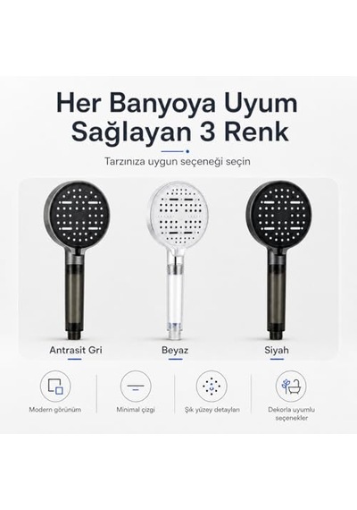 Tr Duş Başlığı Seti Antrasit Gri - Filtreli Arıtmalı El Duşu - 6 Fonksiyonlu Yüksek Basınçlı Model - 3 Yedek Diğer