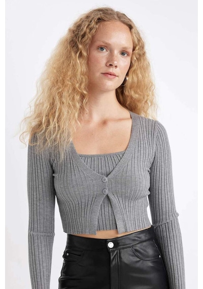 Defacto Regular Fit Crop Düğmeli V Yaka Triko Hırka A2076AX24AUGR210 Gri