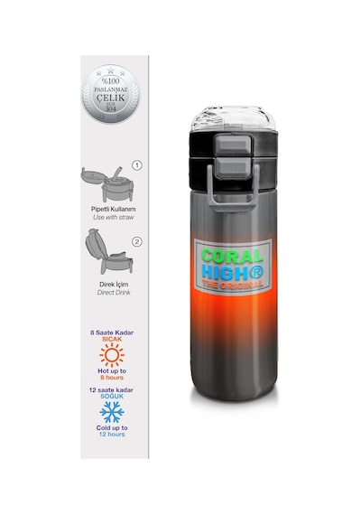 Coral High Kids Gri Turuncu Renk Geçişli Pipetli Ve Direkt İçim Çelik Termos 500 Ml 31949 Turuncu - Beyaz