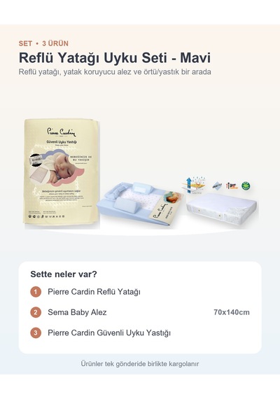 Reflü Yatağı Uyku Seti 3 Parça: Reflü Yatağı + Sema Baby Alez + Güvenli Uyku Yastığı - Mavi