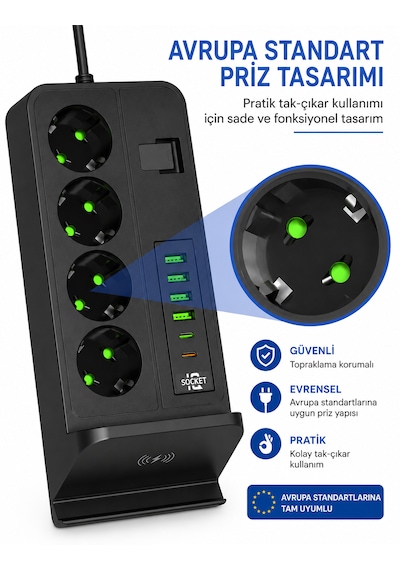 4'lü Priz Çoklayıcı Kablosuz Şarjlı 4 Usb + Type-c 3000w 24 Saat Dijital Zamanlayıcılı 2 Metre Kablolu Akıllı Priz 0 - 2 M
