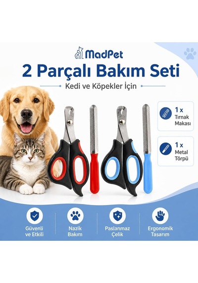 Kedi Ve Köpek Tırnak Makası - Evcil Hayvan Tırnak Kesme Makası Ve Metal Törpü - 2 Parçalı Ergonomik Pati Bakım