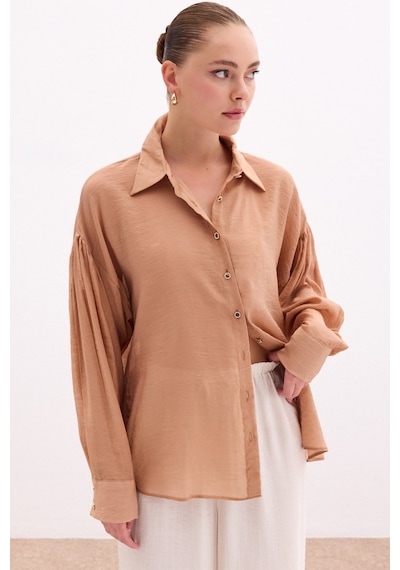 Sateen Düğme Aksesuarlı İnce Gömlek - Camel-136085 CAMEL