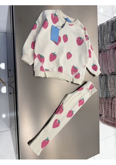 Magu Kız Çocuk Pamuklu Çilek Desenli Ekru Sweatshirt Ve Fitilli Tayt Takımı Çok Renkli