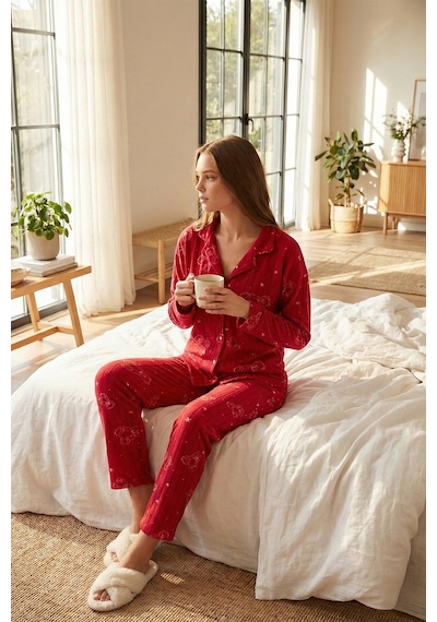 Lela Standart Fit Düğmeli Polarlı Bayan Pijama Takımı 6095616 Kırmızı