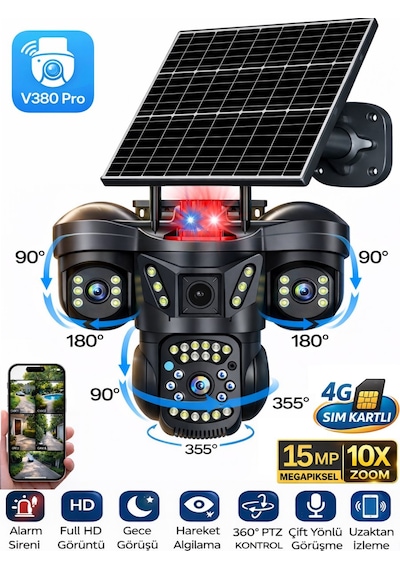 Snr 4g 3 Lensli Sım Kartlı 360 Ptz Solar Güvenlik Kamerası Güneş Panelli Gece Görüşlü Dış Mekan