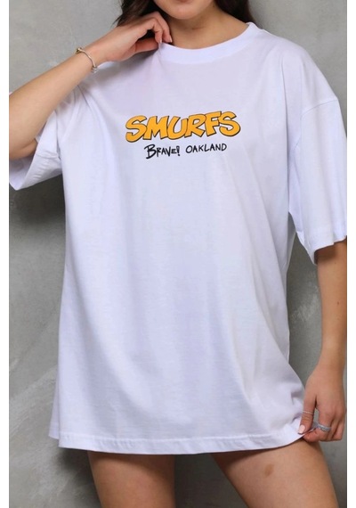Freedom Store Kadın Bisiklet Yaka Baskılı Oversize T-shirt - Beyaz
