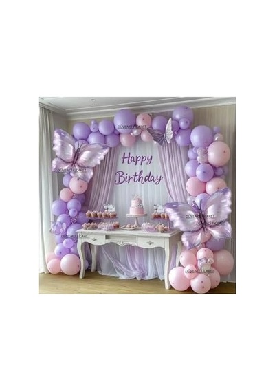 Makaron Lila Pembe Kelebek Folyo Balonlu Balon Zincir Set 2 Yaş Mavi