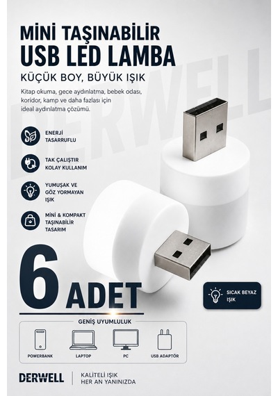 6 Adet - Bebek Ve Çocuk Odaları İçin Mini Taşınabilir Usb Led Lamba Powerbank Laptop Pc Uyumlu Tak Çalıştır Mikro Gece Aydınlatma Lambası Bebek Odası Koridor Kamp Için Yuvarlak Küçük Kompakt Ampul