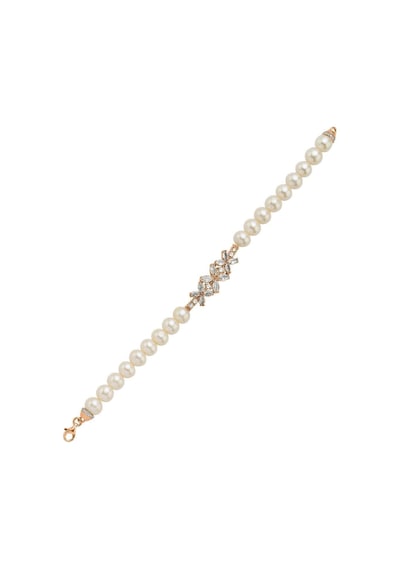 7,5 Mm Çiçek Tasarımlı Zirkon Taşlı Doğal İnci Kadın Bileklik 18 Cm / Rose Gümüş