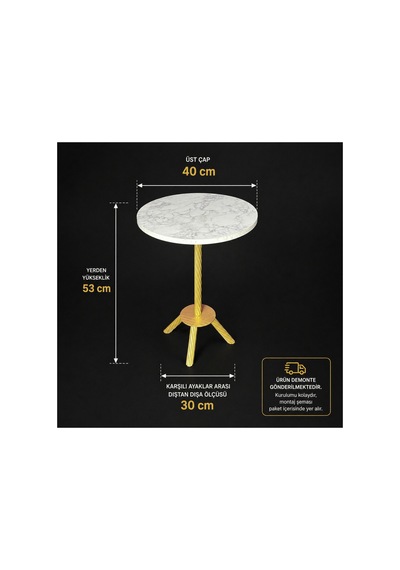 Yan Sehpa Gold Metal Burgu Ayaklı 40 Cm Çap 53 Cm Yükseklik Mermer Desenli Mdf Sehpa Diğer