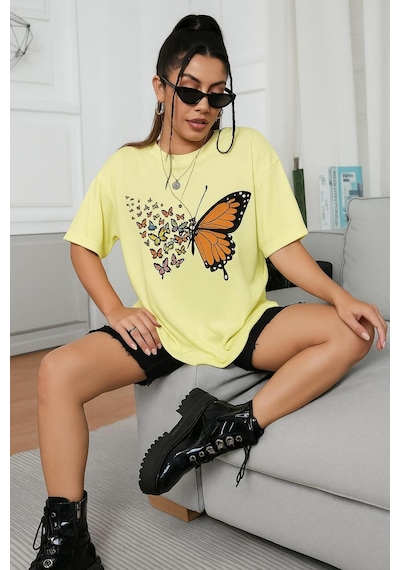Kelebek Baskılı Oversize Unisex Tişört Sari