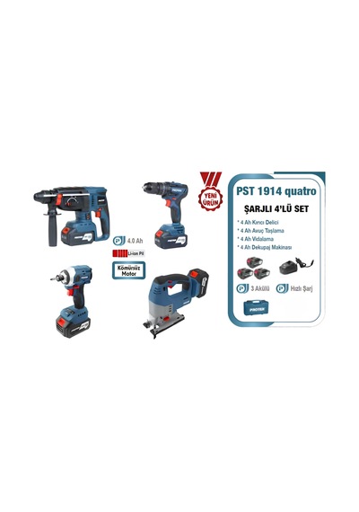 Proter PST-1914 Quatro 4.0AH 20V Li-ion Pil Kömürsüz Şarjlı Dörtlü Makina Set P1EA020