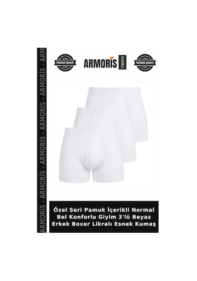 Armoris Özel Seri Pamuk İçerikli Normal Bel Konforlu Giyim 3'lü Beyaz Erkek Boxer Likralı Esnek Kumaş