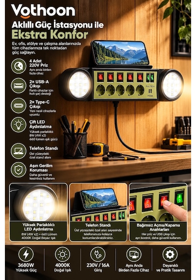 Akıllı Masaüstü Duvar Tipi Akım Korumalı 5 Li Priz 3680w Led Işıklı Usb-a Type-c Telefon Standlı 1