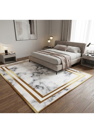 Beyaz Altın Mermer Desenli Halı Dijital Baskılı Kaymaz Tabanlı Salon Halısı Dijital Baskı Halı 7 Mm