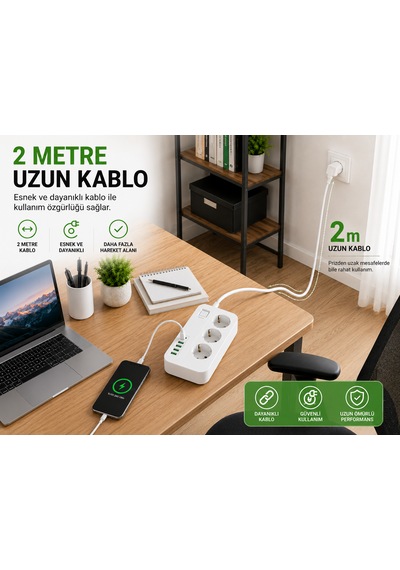 Akım Korumalı 3 Lü Priz 2 Usb-c + 4 Usb-a Hızlı Şarj, 2m Kablo, Çocuk Korumalı Çoklu Priz 0 - 2 M