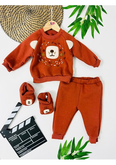 Alpbebe Şirin Bear Surat Panduflu Kışlık 2 Parça Takım Koyu Kahverengi