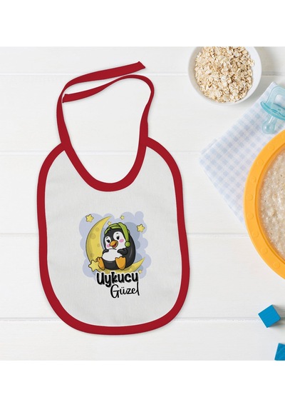 BK Kids Uykucu Güzel Tasarımlı Kırmızı Bebek Mama Önlüğü-1 Kırmızı