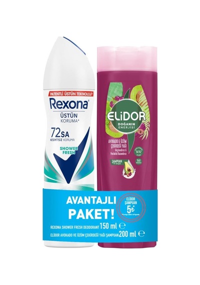 Rexona Shower Fresh Kadın Sprey Deodorant 150 ML + Elidor Avakado & Üzüm Çekirdeği Yağı Şampuan 200 ML