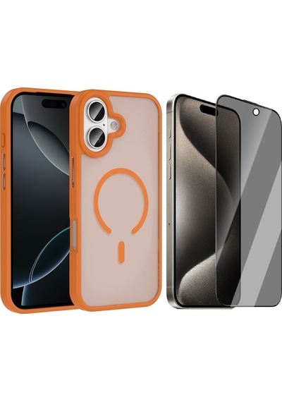 Vendas Apple Uyumlu iPhone 17 Kılıf M-safe Şarj Özellikli Mat Arka Yüzey Zore Sio Kapak + Hayalet Ekran Koruyucu Turuncu