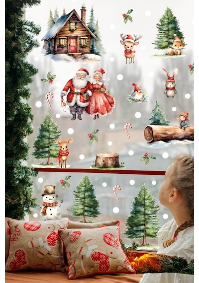 Santa & Kış Masalı Çift Taraflı Cam Sticker Seti Büyük Boy Figürlü Yılbaşı Dekoru Dijital Baskı
