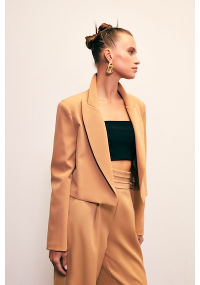 Sateen Şal Yaka Kısa Ceket - Camel