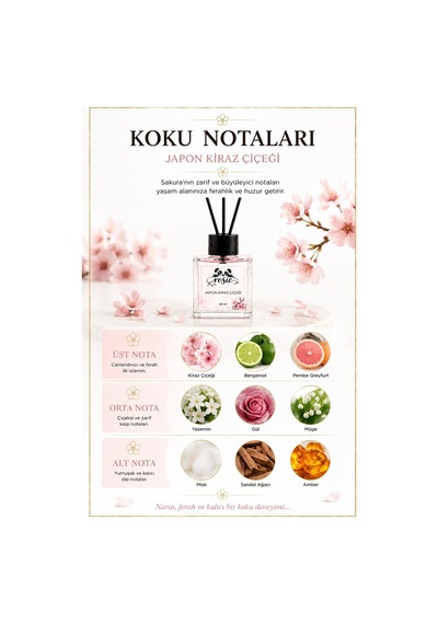 Rosie Japon Kiraz Çiçeği Çubuklu Oda Kokusu, Premium Cam Şişe, Kalıcı Ortam Kokusu, Dekoratif Reed Diffuser