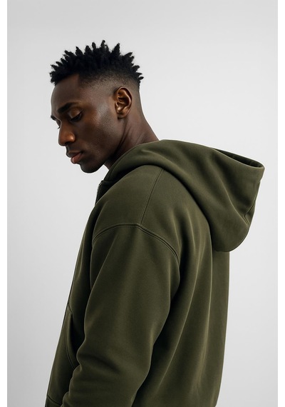 Erkek Fermuarlı Kapüşonlu Cepli Sweatshirt Haki