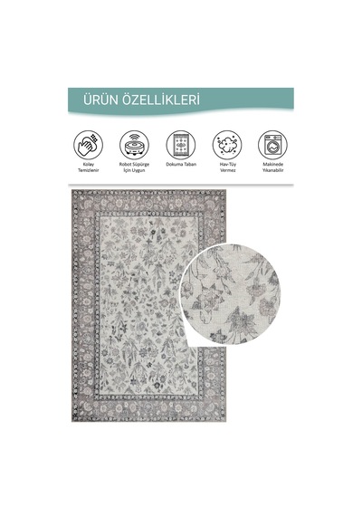 Artloop Stonart Eskitme Vintage Desenli Gri Otantik Yıkanabilir Şönil Halı Al 447 Gri 3