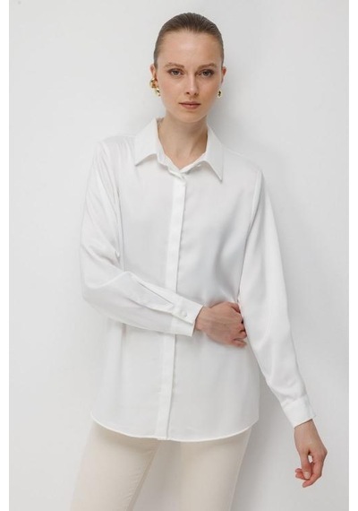 Mizalle Basic Beyaz Saten Gömlek