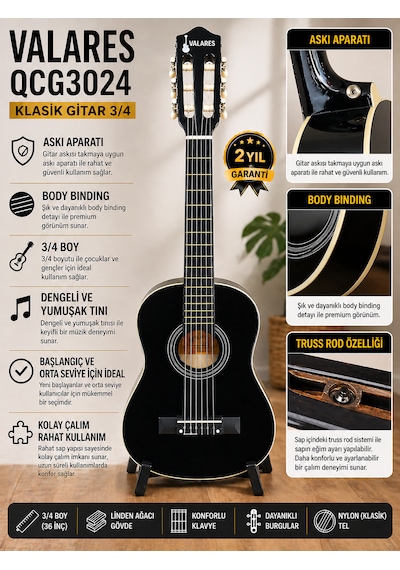 Valares Qcg3024 36 3/4 Klasik Gitar Çocuklar İçin İdeal Yumuşak Tını Kolay Çalım Çanta Ve Pena Hediye Siyah